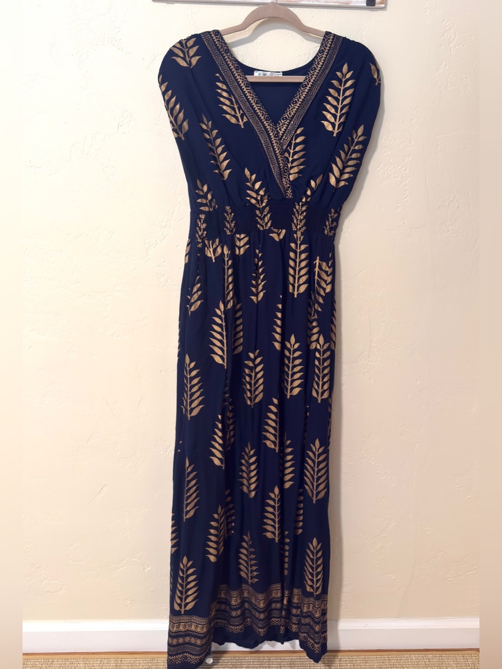 Anthropologie Navy Maxi Dress with Gold Leaf Print